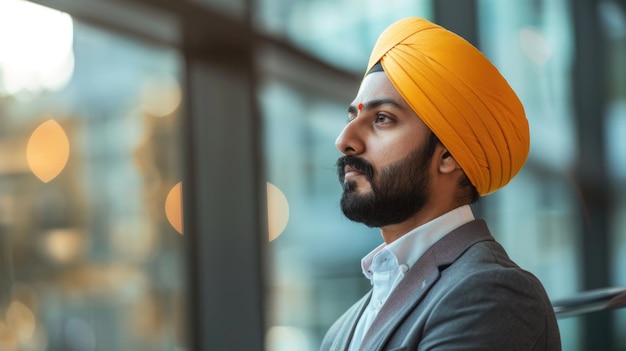 Retrato de perfil de un joven empresario indio pensativo que lleva un turbante