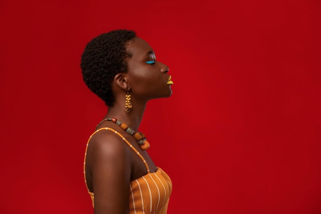 Retrato de perfil de mujer afroamericana con estilo en panorama rojo