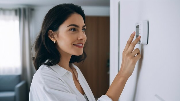 Foto retrato de perfil de una mujer de cabello oscuro con una camisa blanca de estilo casual ajustando la temperatura