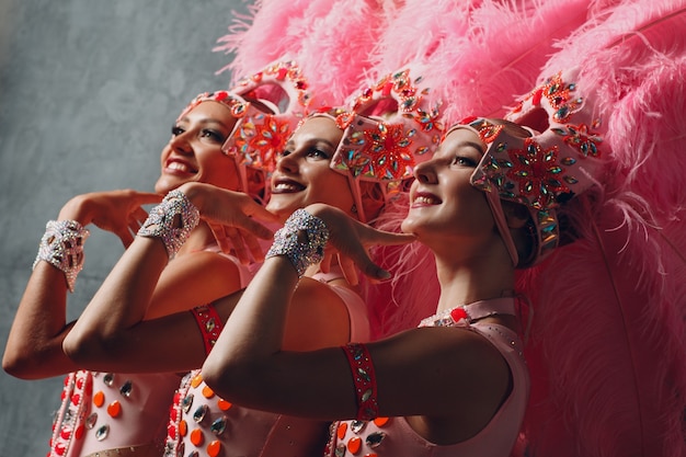 Retrato de perfil de tres mujeres en traje de samba o lambada con plumaje de plumas rosas.