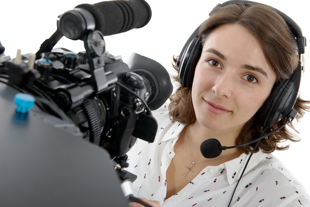 Foto retrato de un periodista con auriculares y cámara contra un fondo blanco