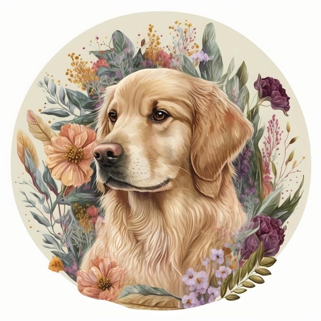 Retrato de perro acuarela pintado a mano labrador con corona floral