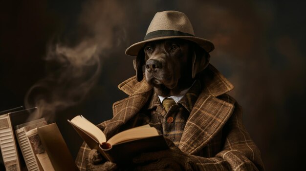 Retrato de un perro antropomórfico vestido como un detective leyendo un libro con humo místico a su alrededor