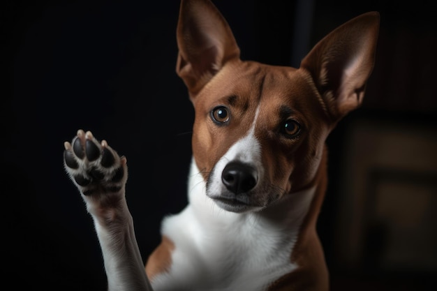 Retrato de perro Basenji con una pata levantada sobre fondo oscuro Ai generado