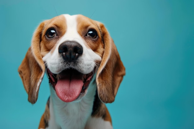 Retrato de un perro Beagle feliz con una cálida sonrisa en un animal de fondo azul azul