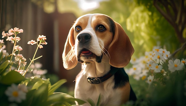 Retrato de un perro beagle en el jardín con flores generativas ai