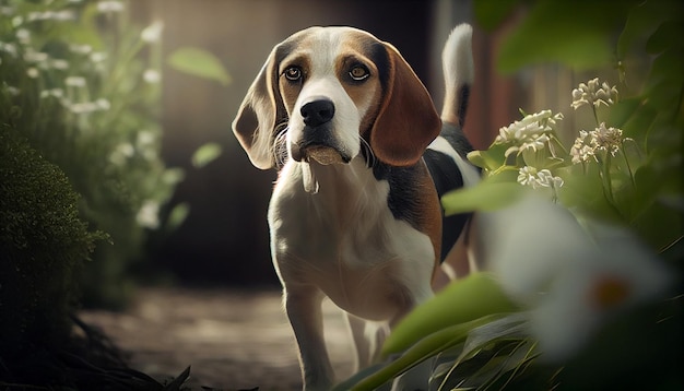 Retrato de un perro beagle en el jardín con flores generativas ai