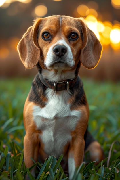 Retrato de un perro beagle en verano en un césped verde