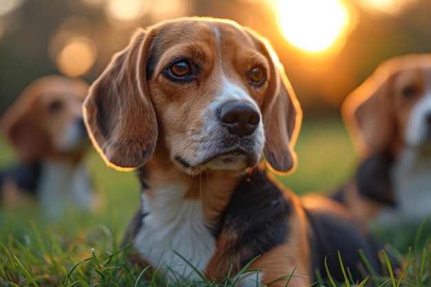 Retrato de un perro beagle en verano en un césped verde