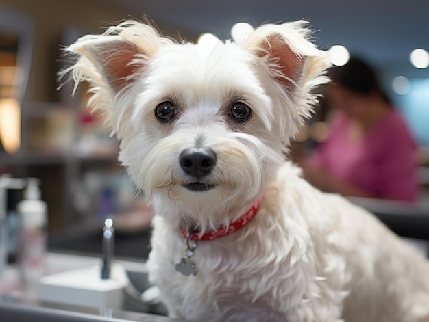 Foto retrato de un perro blanco de bolonia mirando a la cámara en un salón de perros