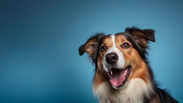 Foto retrato de un perro border collie alegre con una expresión divertida y feliz aislado sobre un fondo azul