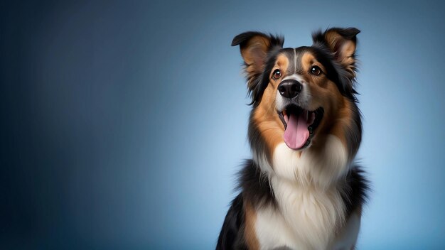 Foto retrato de un perro border collie alegre con una expresión divertida y feliz aislado sobre un fondo azul