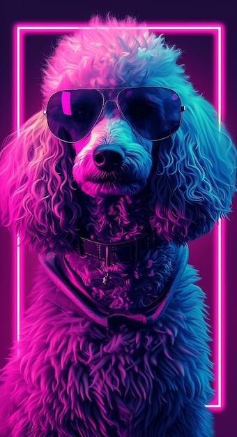 Retrato de un perro caniche con un abrigo de pelaje holográfico Realidad Aumentada Gla Cyber Poster Banner Flyer