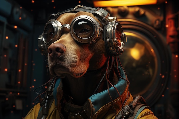 Retrato de un perro en un casco de astronauta con auriculares