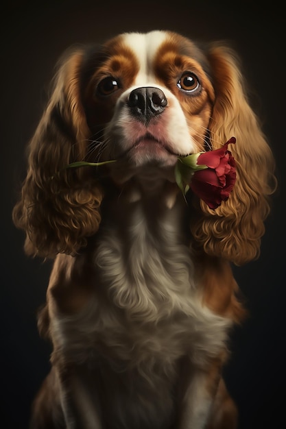 Retrato de un perro cavalier king charles spaniel sosteniendo una rosa roja en su boca