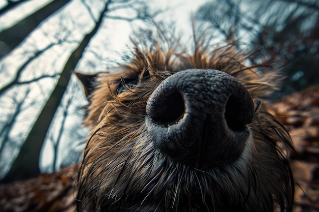 Retrato de perro de cerca Animales divertidos mirando a la cámara Nariz de perro Lente de gran ángulo