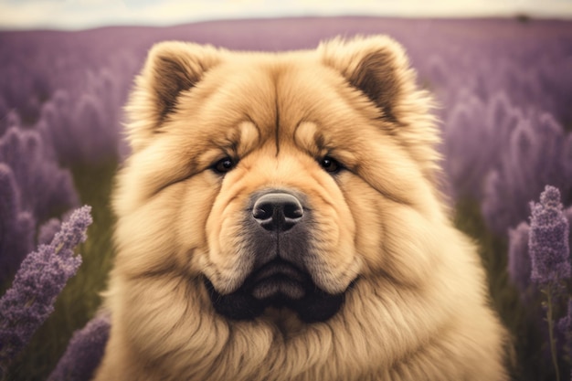 Retrato de perro chow chow Hermoso perro esponjoso en campo púrpura AI generativo