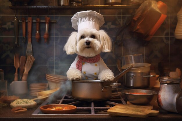 Retrato de un perro cocinando