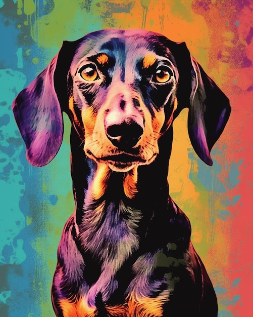 Retrato de perro de colores brillantes de un perro salchicha en un ai generativo de fondo multicolor