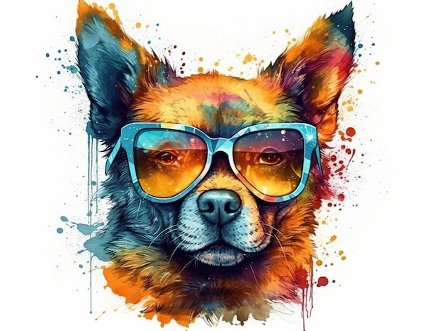 Retrato de perro colorido divertido en gafas de sol Etiqueta de moda o diseño de camiseta Ai generativo