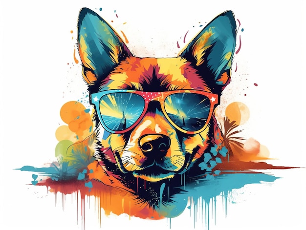 Retrato de perro colorido divertido en gafas de sol Etiqueta de moda o diseño de camiseta Ai generativo