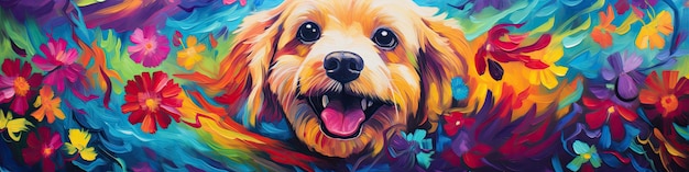 Retrato de un perro colorido sonriente con pintura de color alrededor del concepto de animal