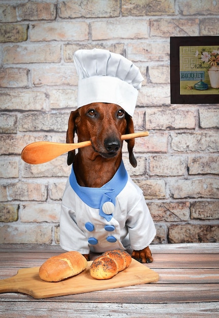 Retrato de un perro dachshund rojo en un traje de chef