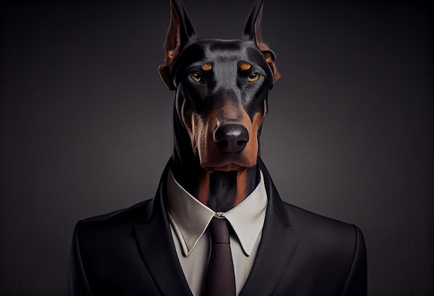 Foto retrato de un perro doberman vestido con un traje de negocios formal generate ai