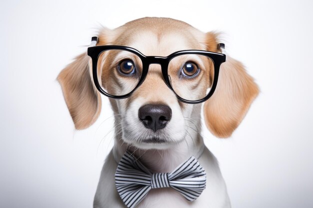 Foto retrato de un perro elegante con camisa de gafas y corbata negra sobre fondo blanco