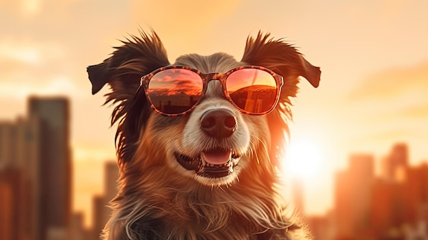Retrato perro feliz en gafas de sol