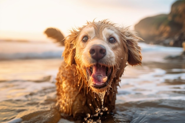 Retrato de perro feliz con vista a la playa jugando en olas creado con ai generativo