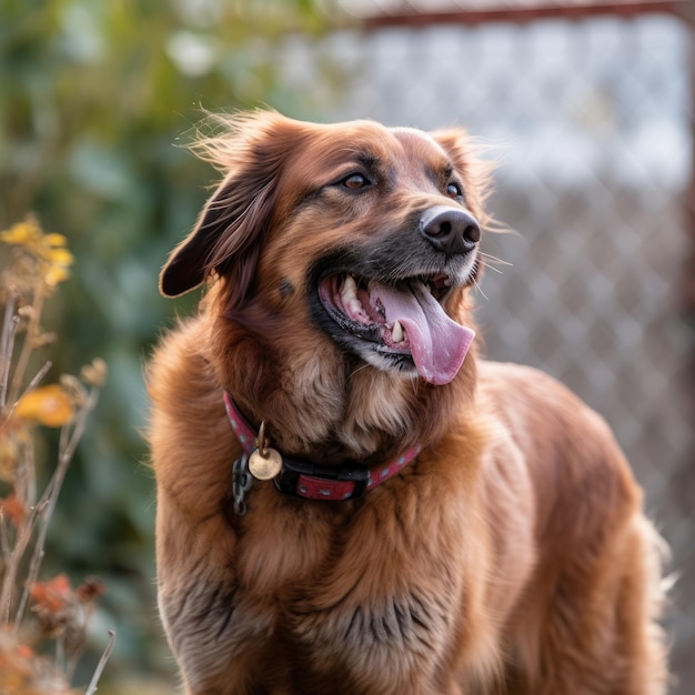 retrato, de, un, perro feliz, en, yarda