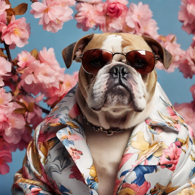 retrato de perro con flores en gafas de sol