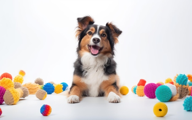 retrato de perro en un fondo blanco limpio rodeado de juguetes para perros