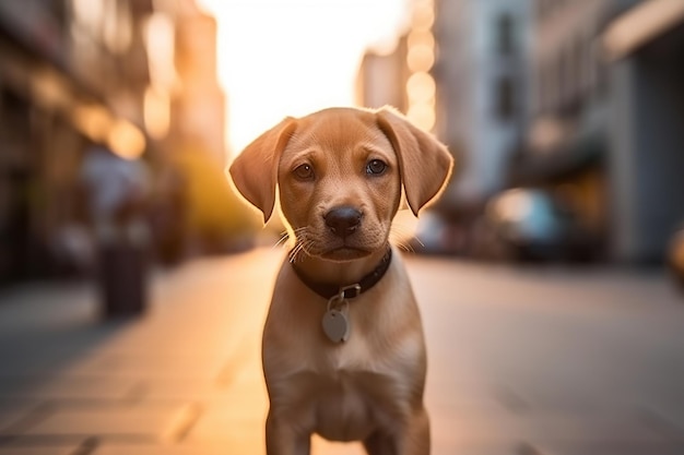 Retrato de perro con fondo de ciudad borrosa