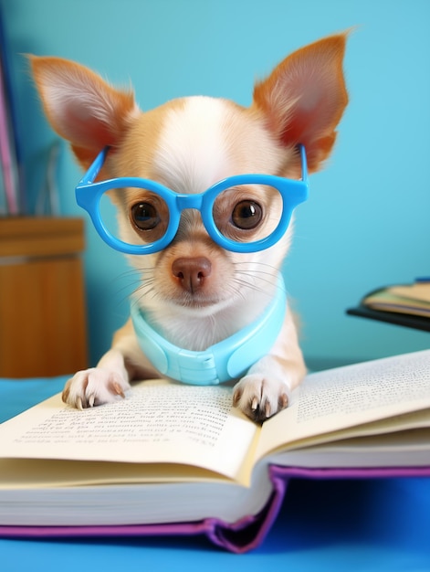 Foto retrato de un perro con gafas leyendo un libro