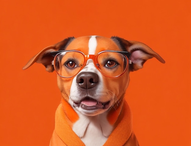 Retrato de un perro con gafas sobre un fondo naranja IA generativa