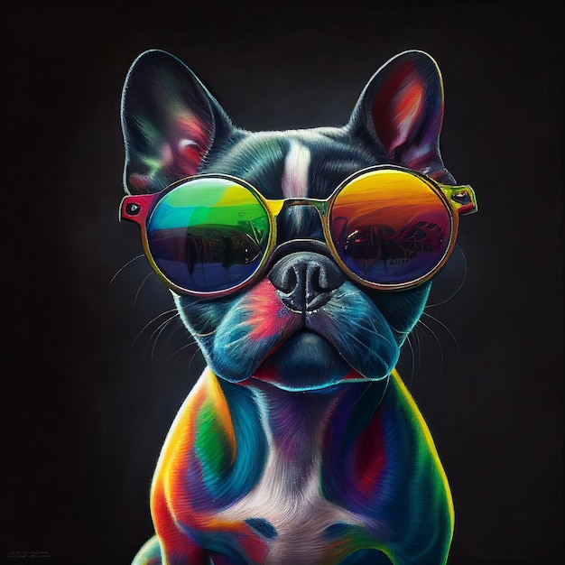 Retrato de un perro con gafas sobre un fondo negro IA generativa