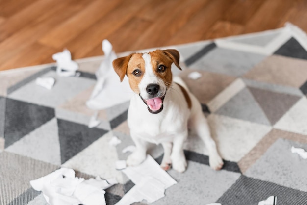 Retrato de un perro Jack Russell Terrier destruyendo los documentos en casa Un lindo perro destruyó la sala de estar