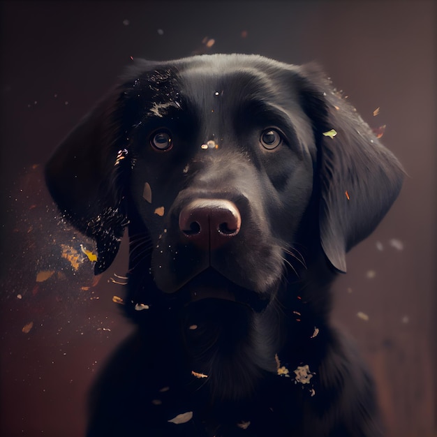 Retrato de un perro labrador negro con confeti dorado