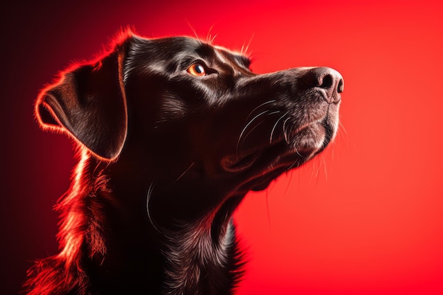 retrato de un perro labrador negro sobre un fondo rojo