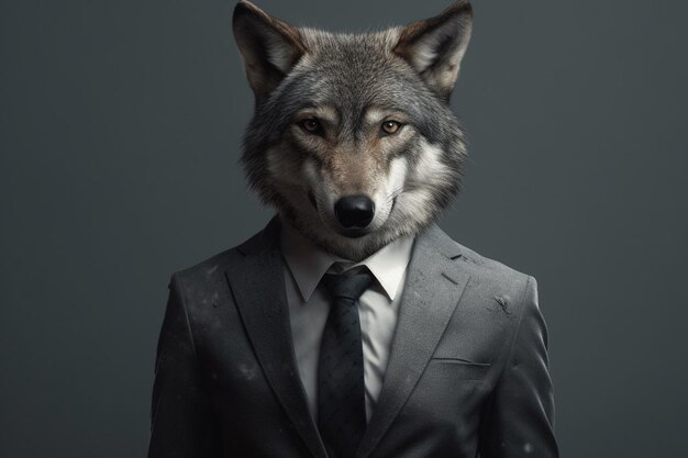 Retrato de un perro lobo con traje sobre un fondo oscuro ai generativo