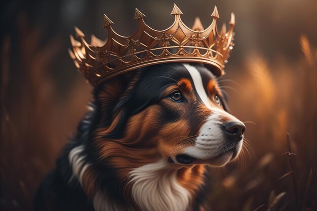 Retrato de un perro de montaña bernese en una corona dorada generativa ai