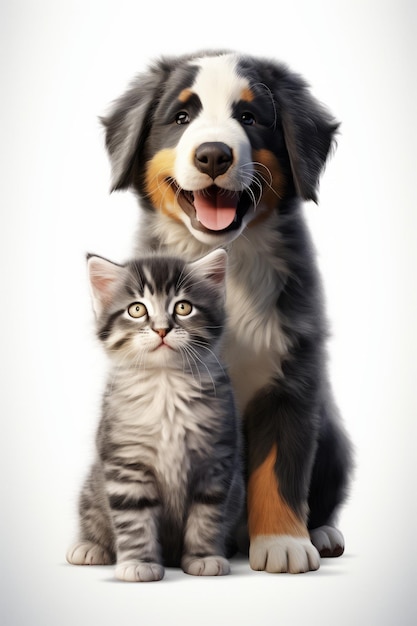 Retrato de un perro de montaña bernese y un gatito aislado sobre un fondo blanco