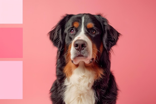 Retrato de un perro de montaña bernese con la lengua afuera contra un fondo rosado