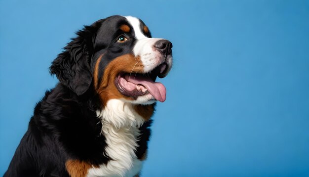 Retrato de perro de montaña bernese sobre un fondo azul