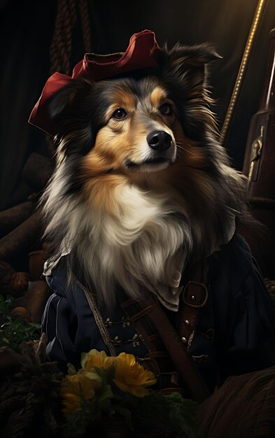 Retrato de perro pastor de Shetland pastor pirata pastores pastores del cabo de Crook marrón diseño de moda arte de vestuario
