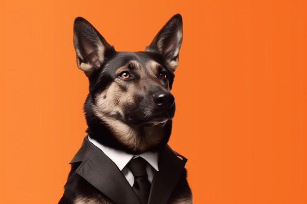 Retrato de un perro que lleva un traje de hombre de negocios y corbata en un fondo naranja generativo ai