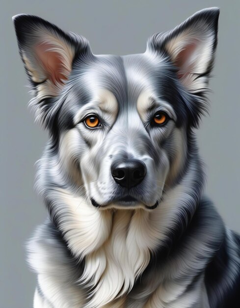 Retrato de un perro de raza pura con grandes ojos sobre un fondo gris