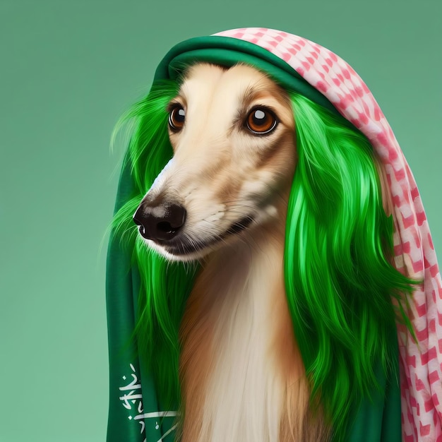 Foto retrato de un perro sabueso afgano con cabello verde en una bufanda verde